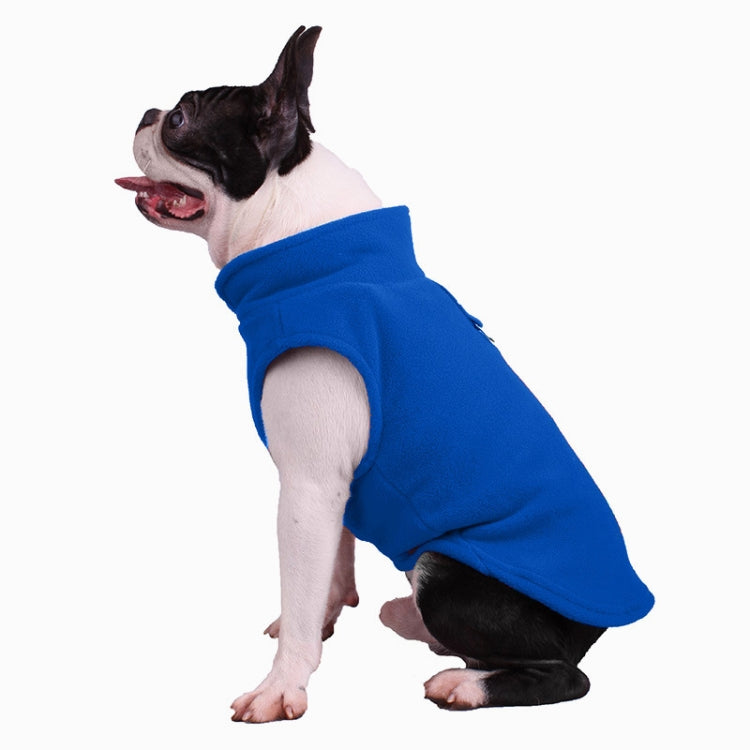 Blue dog jacket coat with front leg openings, French Bulldog side profile