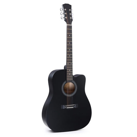 Black folk acoustic guitar with round sound hole and six tuning pegs, full body front view
