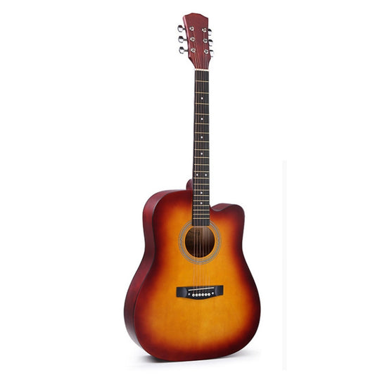Sunburst folk acoustic guitar with dark pickguard, round sound hole, and six tuning pegs