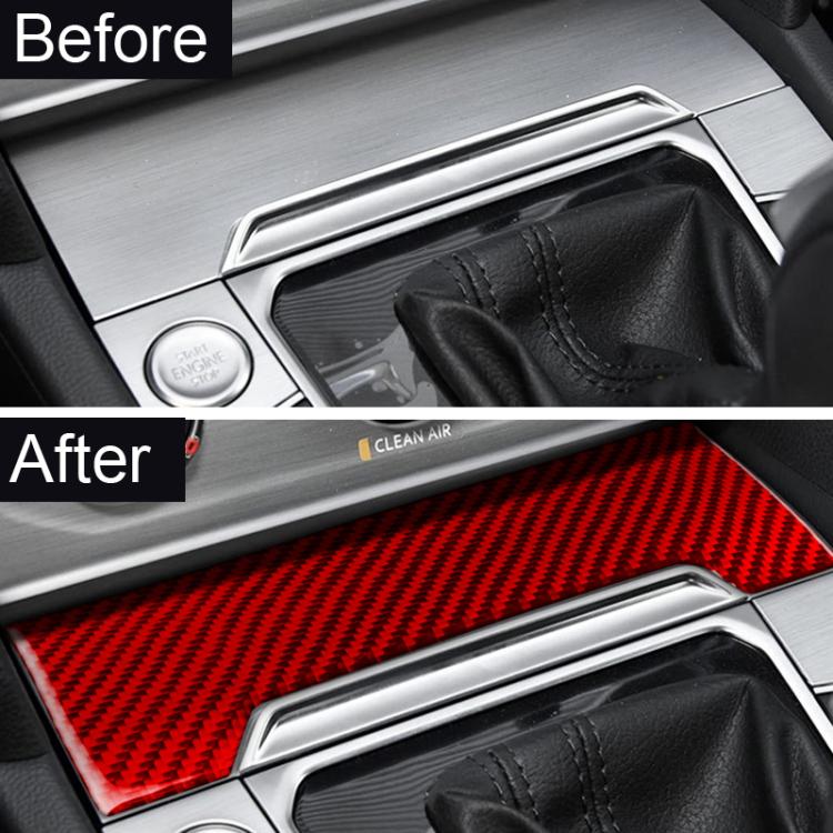 Volkswagen gear shift panel trim sticker, red carbon-fiber overlay installed