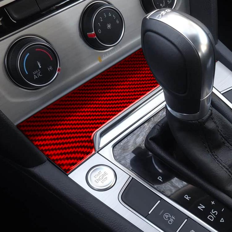 Volkswagen interior gear shift panel trim sticker, red carbon-fiber overlay installed
