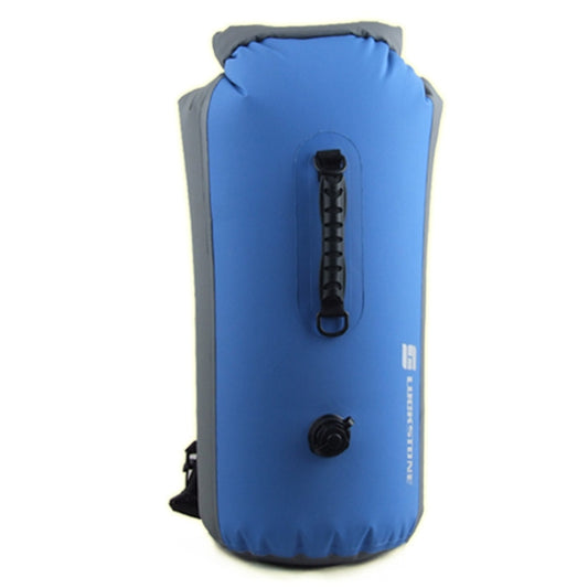 Blue inflatable waterproof backpack bag with top roll seal and side carrying handles