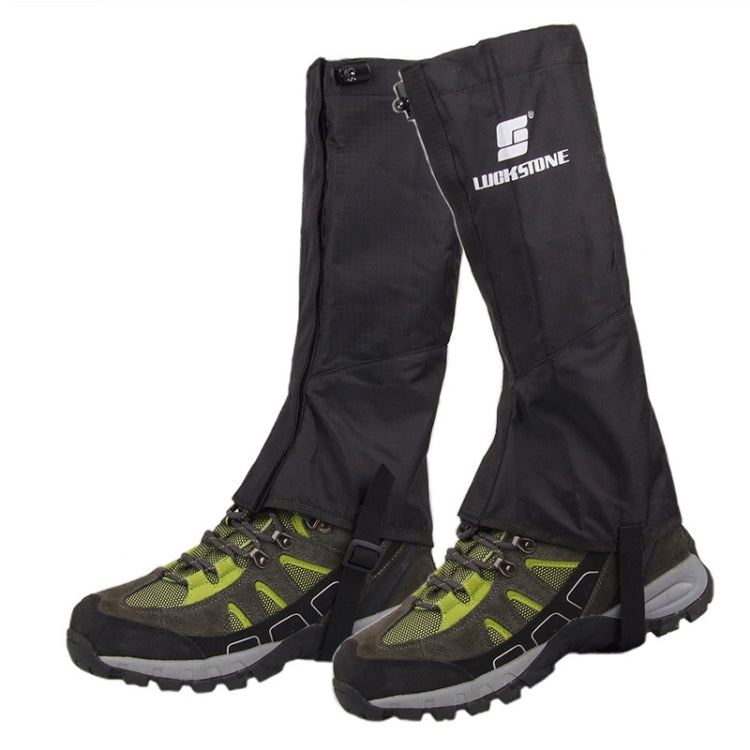Black waterproof hiking foot covers with zip and drawcord, over trail shoes