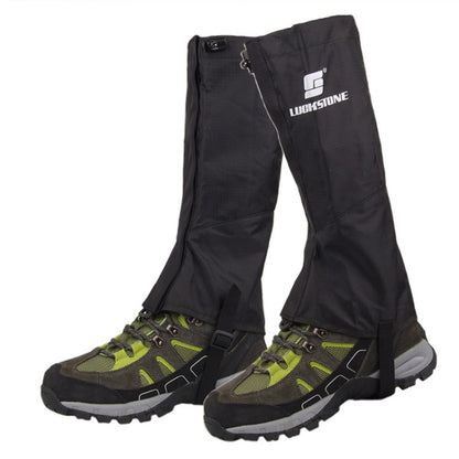 Black waterproof hiking foot covers with zip and drawcord, over trail shoes