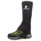 Black waterproof boot covers with ankle strap and logo patch, over trail shoe