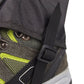 Black foot cover with hook-and-buckle strap over green mesh shoe panel