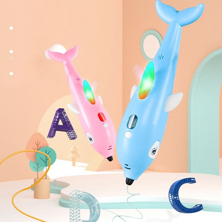 Pink and blue dolphin-shaped 3D printing pens with glowing colored tips