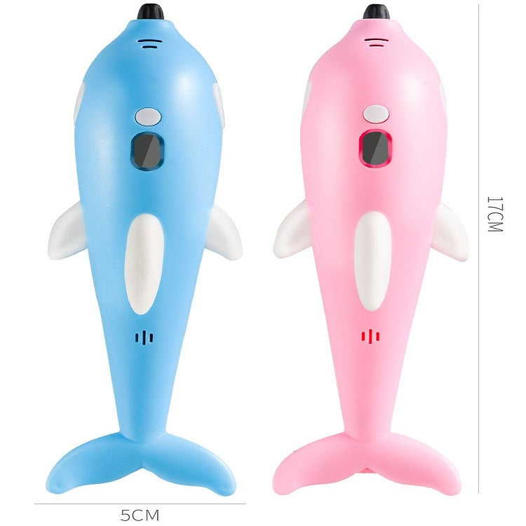 Dolphin 3D printing pen in blue and pink, front view with size markers