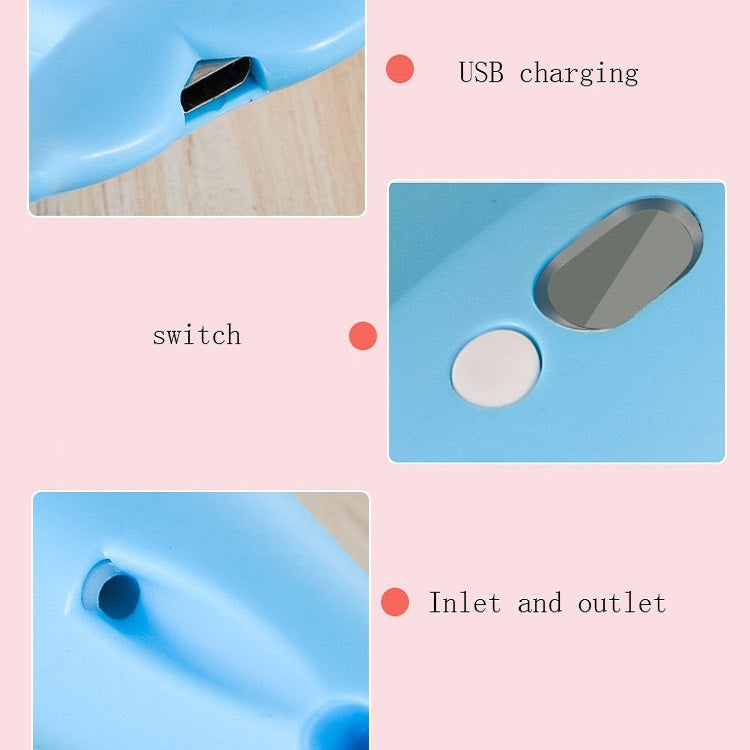 Blue dolphin-shaped 3D printing pen with USB charging port and switch details