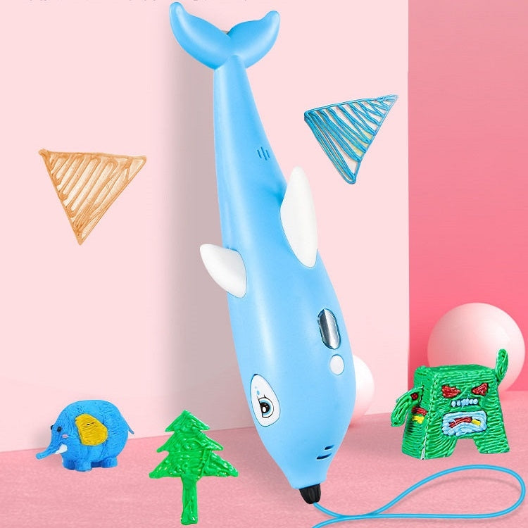 Dolphin-shaped 3D printing pen, blue with white fins and power cord