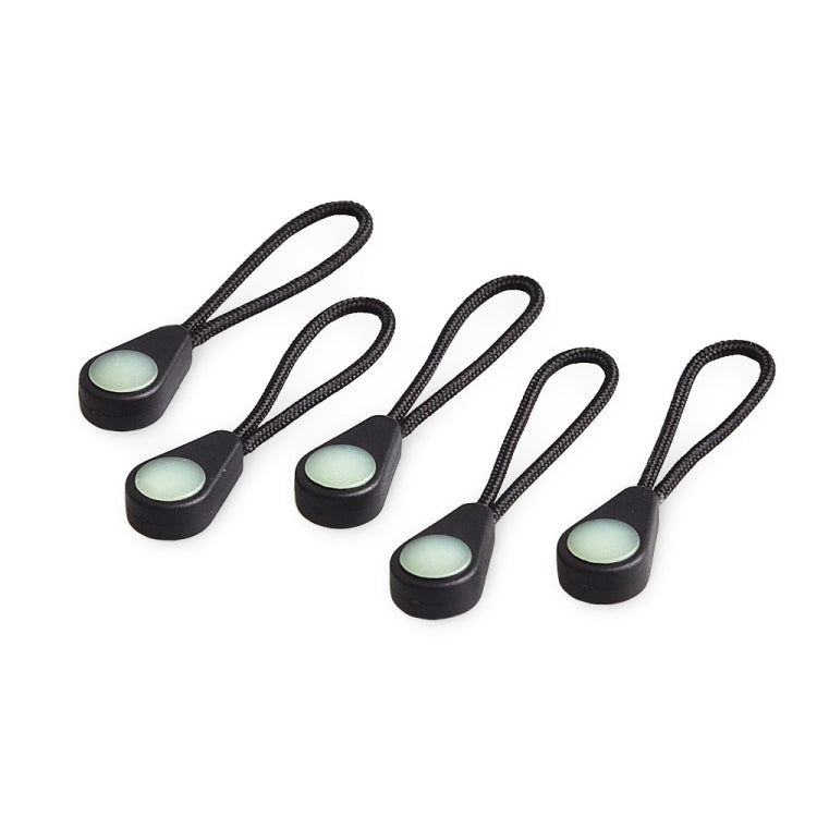 Luminous zipper pulls, black loop cords with light green oval caps, multiple set
