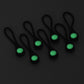 Glowing luminous zipper pulls with light green oval tips on dark background