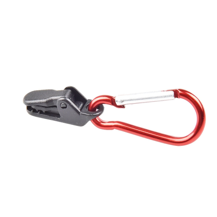 Single tarp clip with red carabiner loop and black gripping latch