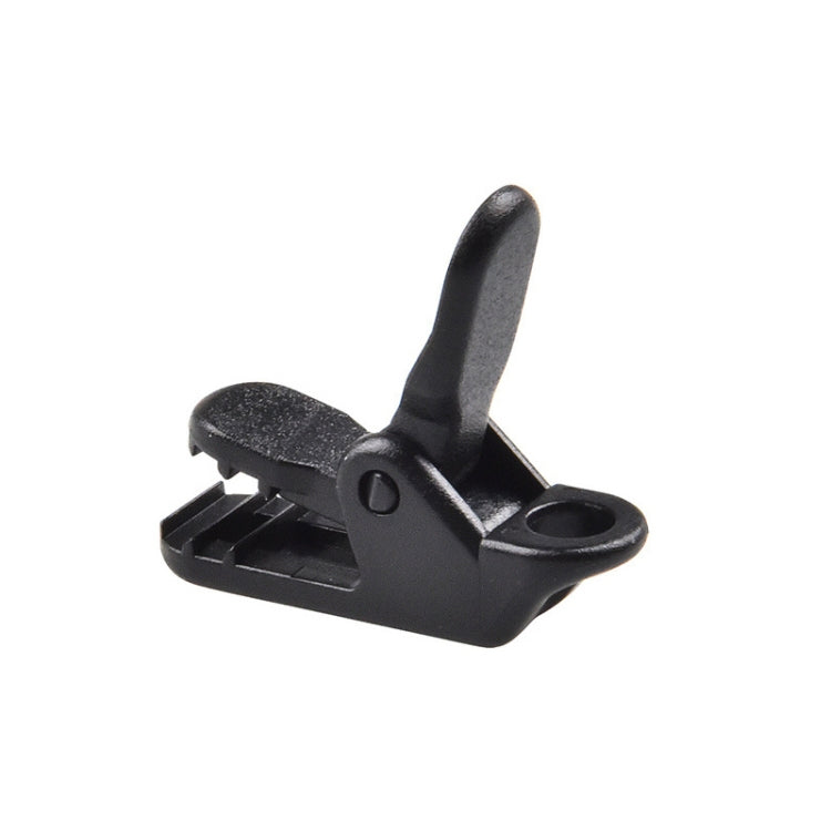 Black tarp fixing clip with open jaw and round mounting hole