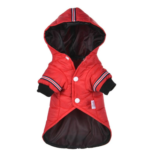 Red hooded puffer dog jacket with snap buttons, black lining, and striped collar cuffs