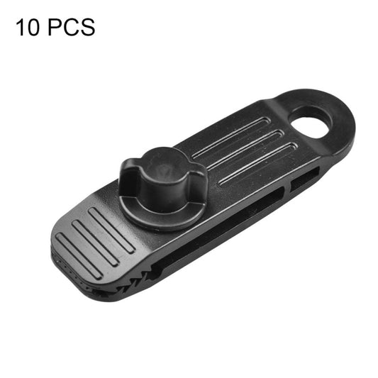 Black plastic tent tarp fixing clip with pull loop and serrated grip for windproof hold