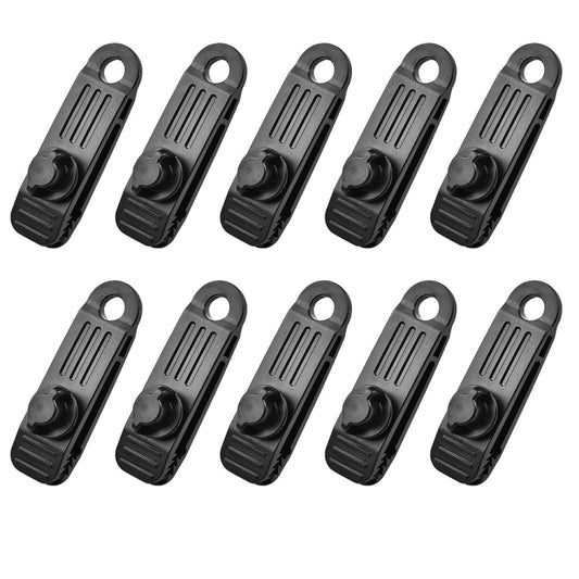 Set of 10 black tent tarp fixing clips with loop handle and serrated edges