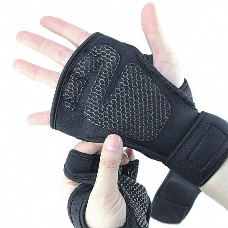 Black half-finger gloves with textured palm grip and padded knuckle area