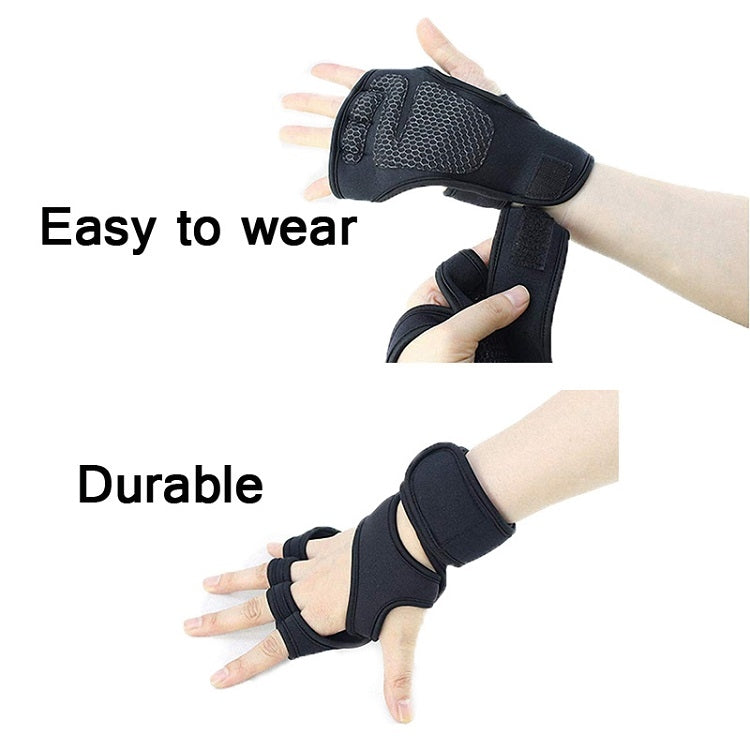Black half-finger sports gloves with cushioned wrist wraps and knuckle pads