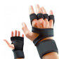 Black fingerless fitness gloves showing open palm and knuckle cover with wrist bands