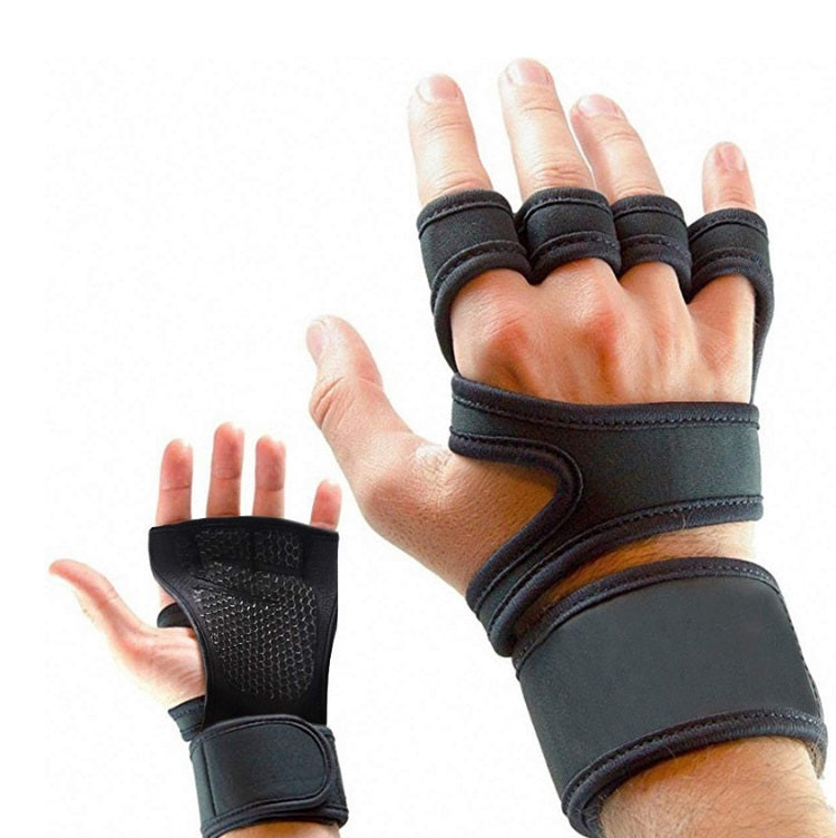 Black fingerless fitness gloves showing open palm and knuckle cover with wrist bands