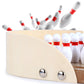 Wooden bowling puzzle base with metal rivets and red-and-white pins behind