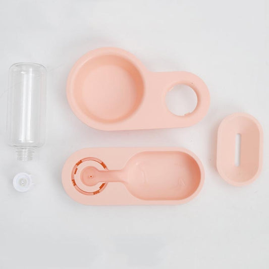 Pink folding double pet bowl with clear water dispenser and two food compartments