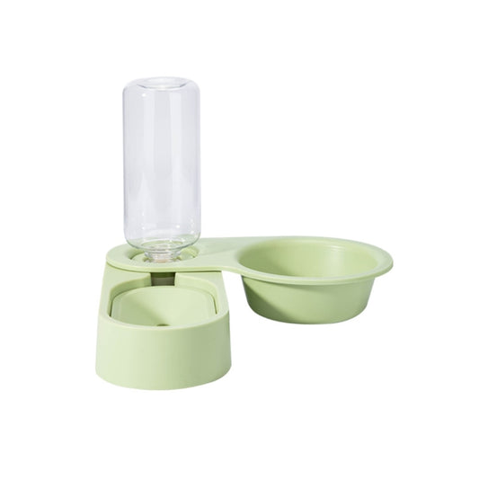 Green rotating double pet food bowl with clear water dispenser cylinder and base stand