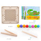 Wooden pegboard with many holes, colorful beads, and two chopsticks for hand control