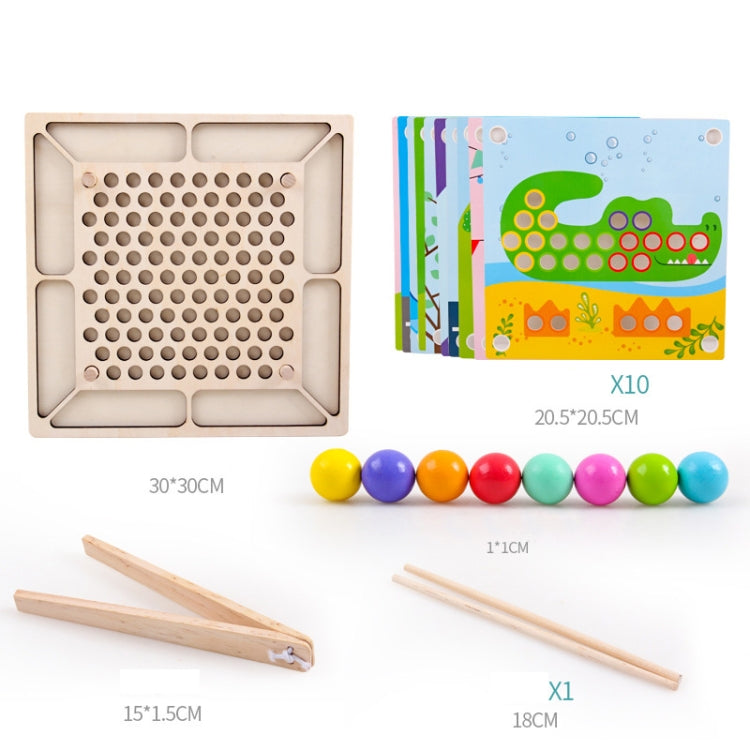 Wooden pegboard with many holes, colorful beads, and two chopsticks for hand control