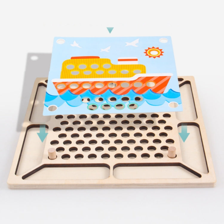Wooden pegboard tray with many holes and a seaside picture card for bead placement