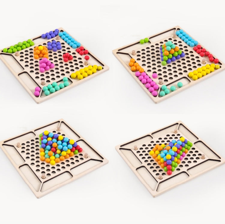 Wooden bead boards with colorful bead clusters on the peg holes