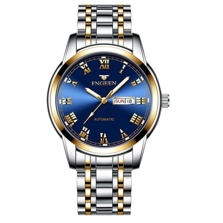Men's stainless steel sports watch, blue dial with Roman numerals and gold accents, SUN 18