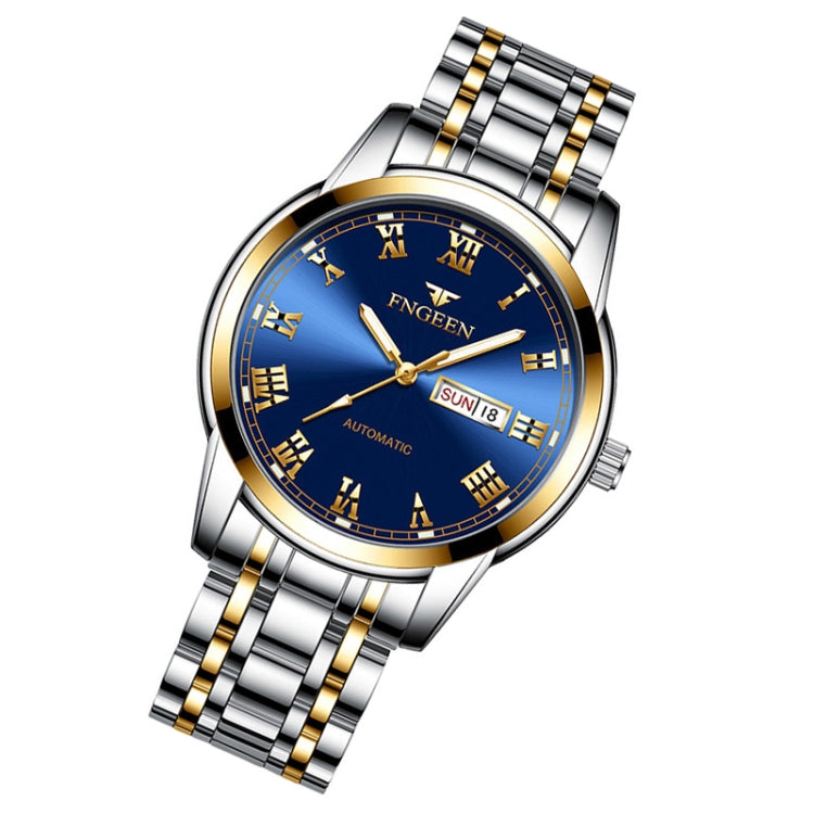Men's sports watch, blue Roman numeral dial, gold bezel, steel bracelet with gold links, SUN 18