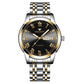 Men's sports watch, black dial with Roman numerals, gold bezel and hands, SUN 18, steel strap