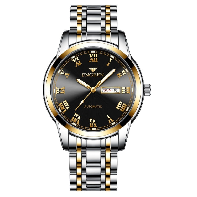 Men's sports watch, black dial with Roman numerals, gold bezel and hands, SUN 18, steel strap