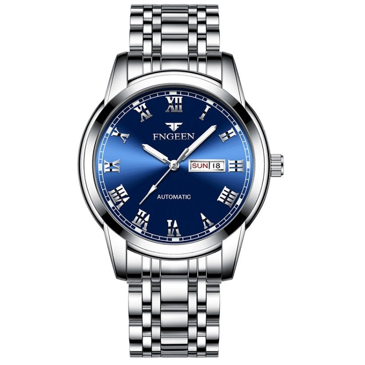 Men's sports watch, blue Roman numeral dial, silver case and steel bracelet, SUN 18 window