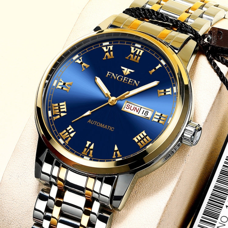 Men's sports watch close-up, blue Roman numeral dial, gold bezel, two-tone steel bracelet, SUN 18