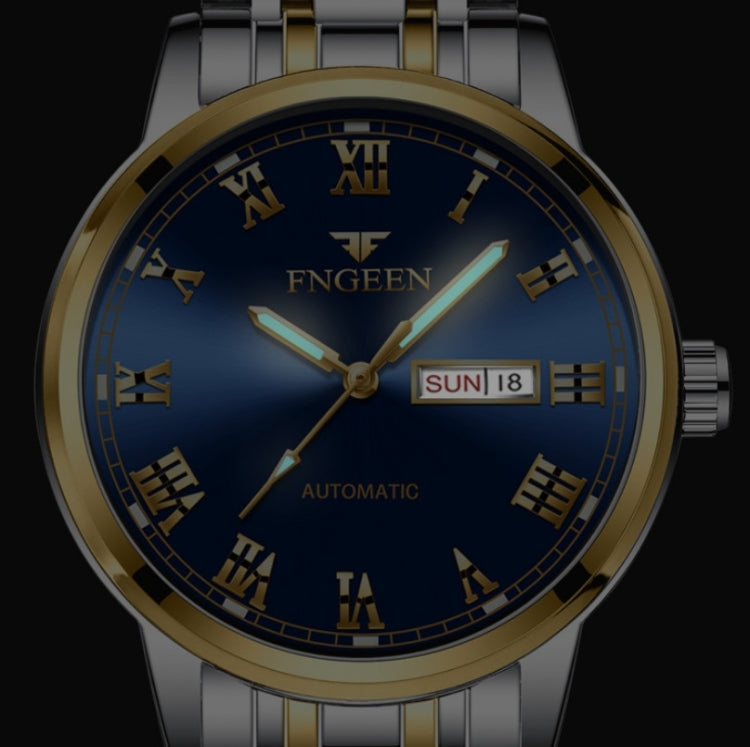 Men's sports watch close-up, blue dial with Roman numerals, gold accents, SUN 18, steel bracelet