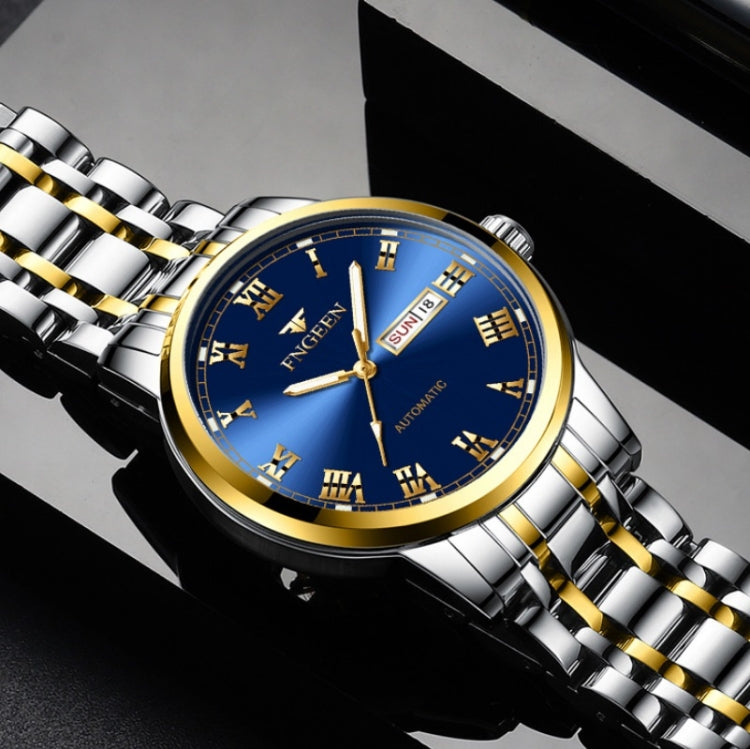 Men's two-tone sports watch, blue Roman numeral dial, gold bezel, steel bracelet, SUN 18