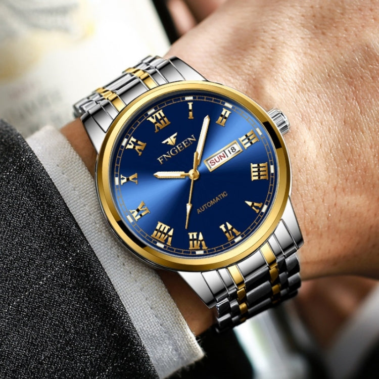 Men's sports watch on wrist, blue Roman numeral dial, gold bezel, steel bracelet with gold links