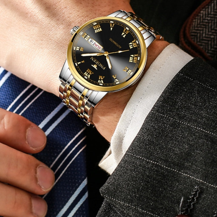 Men's sports watch on wrist, dark Roman numeral dial, gold bezel, steel bracelet, SUN 18