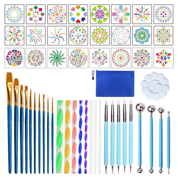 Mandala drawing tool set with blue-handled pens, dotting tools, and storage bag