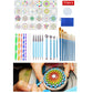 53-piece mandala drawing tool set with pattern sheets, blue pens, and zipper storage pouch