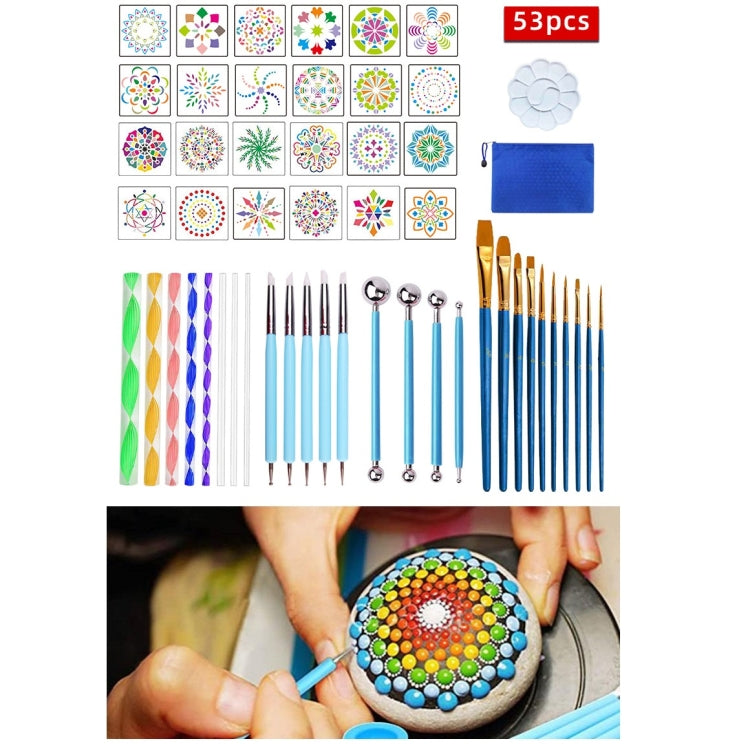 53-piece mandala drawing tool set with pattern sheets, blue pens, and zipper storage pouch