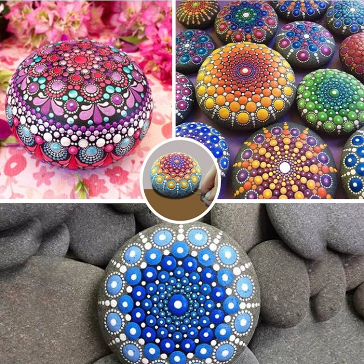 Colorful mandala decorative stones with dotted patterns in blue, purple, and pink