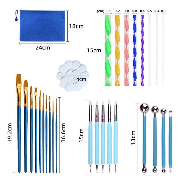 Mandala drawing tool set with blue storage bag and labeled tool sizes in cm