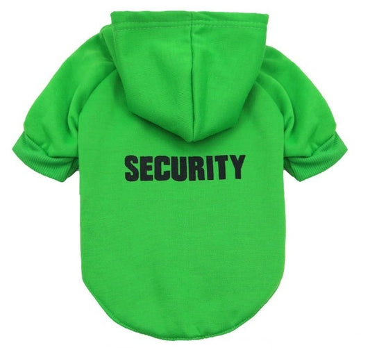 Green hooded teddy fleece dog sweater with 'SECURITY' front print