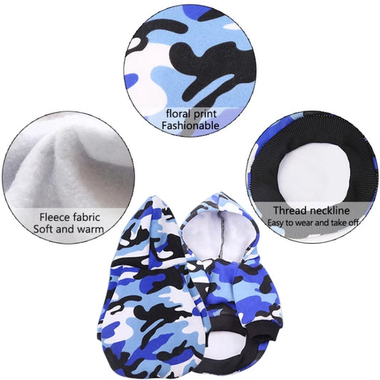 Blue camouflage dog hoodie with hood, chest opening, and ribbed neckline