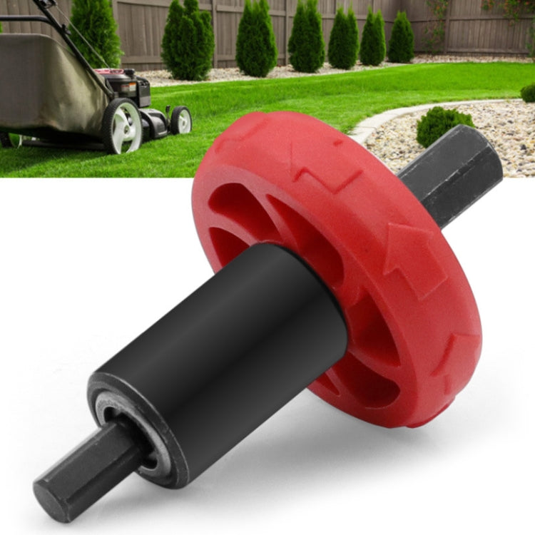 Red and black mower motor starter adapter with cylindrical shaft and pin